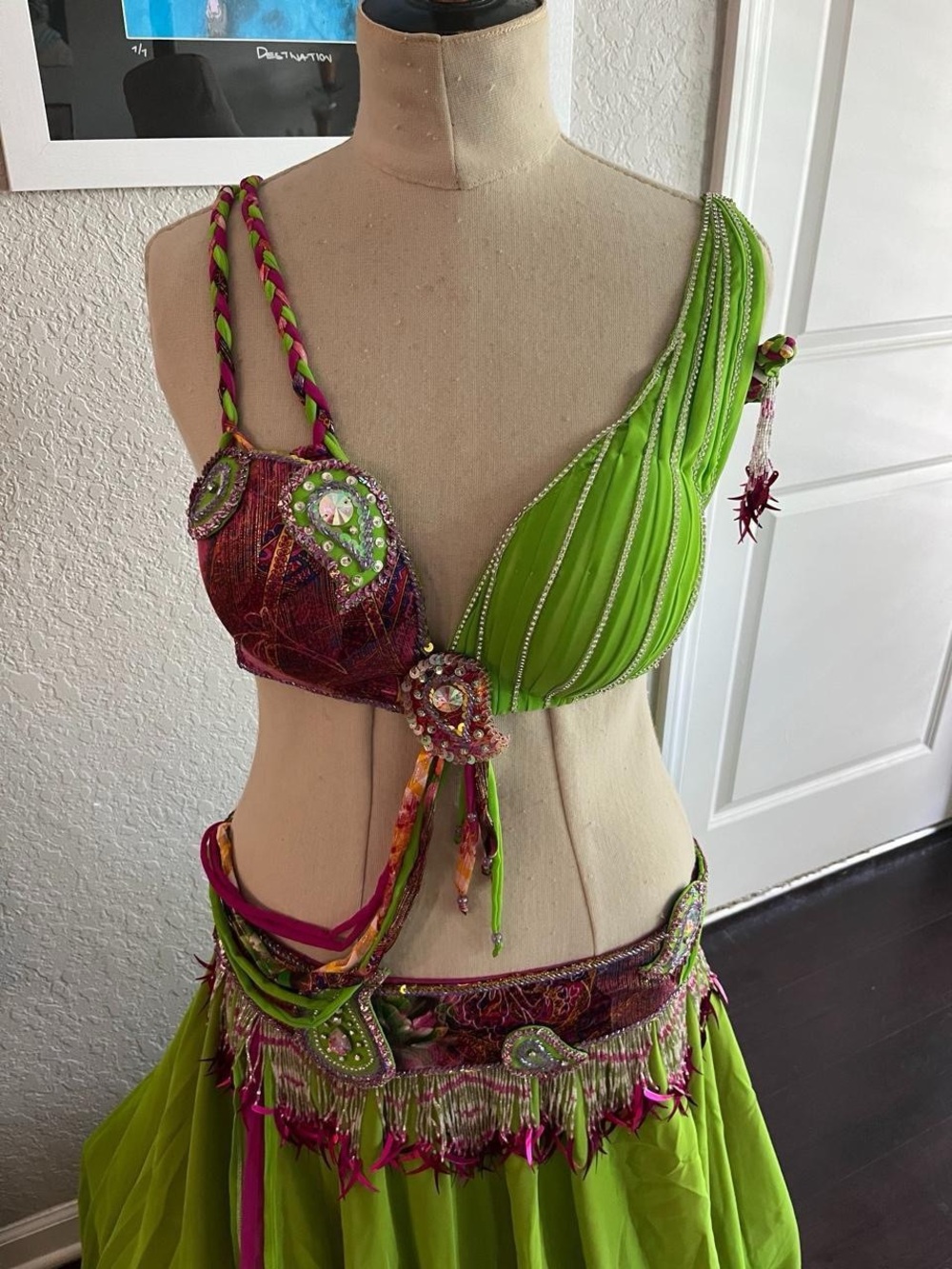 New Handcrafted Lime Green & Magenta Belly Dance Costume Bra Belt Skirt OOAK
